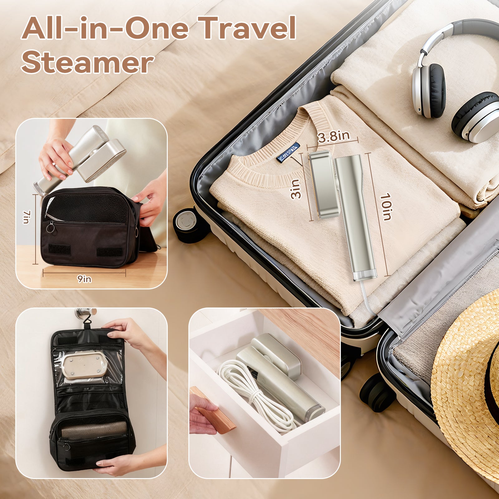 Travel Clothes Steamer handheld 2-in-1,Dual Tanks Total 200ml,25-Min Continuous Steam,Steamer Clothing 1300W with 4 Modes,15s Fast Heat,with Storage Pouch for Travel/Home